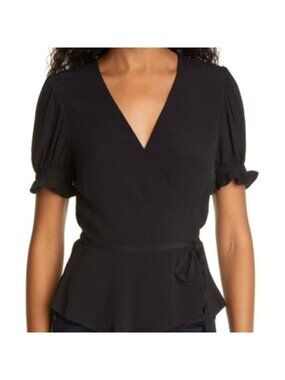 Diane von Furstenberg Emilia Black Wrap Top with Short Sleeves & Tie Waist Sz L